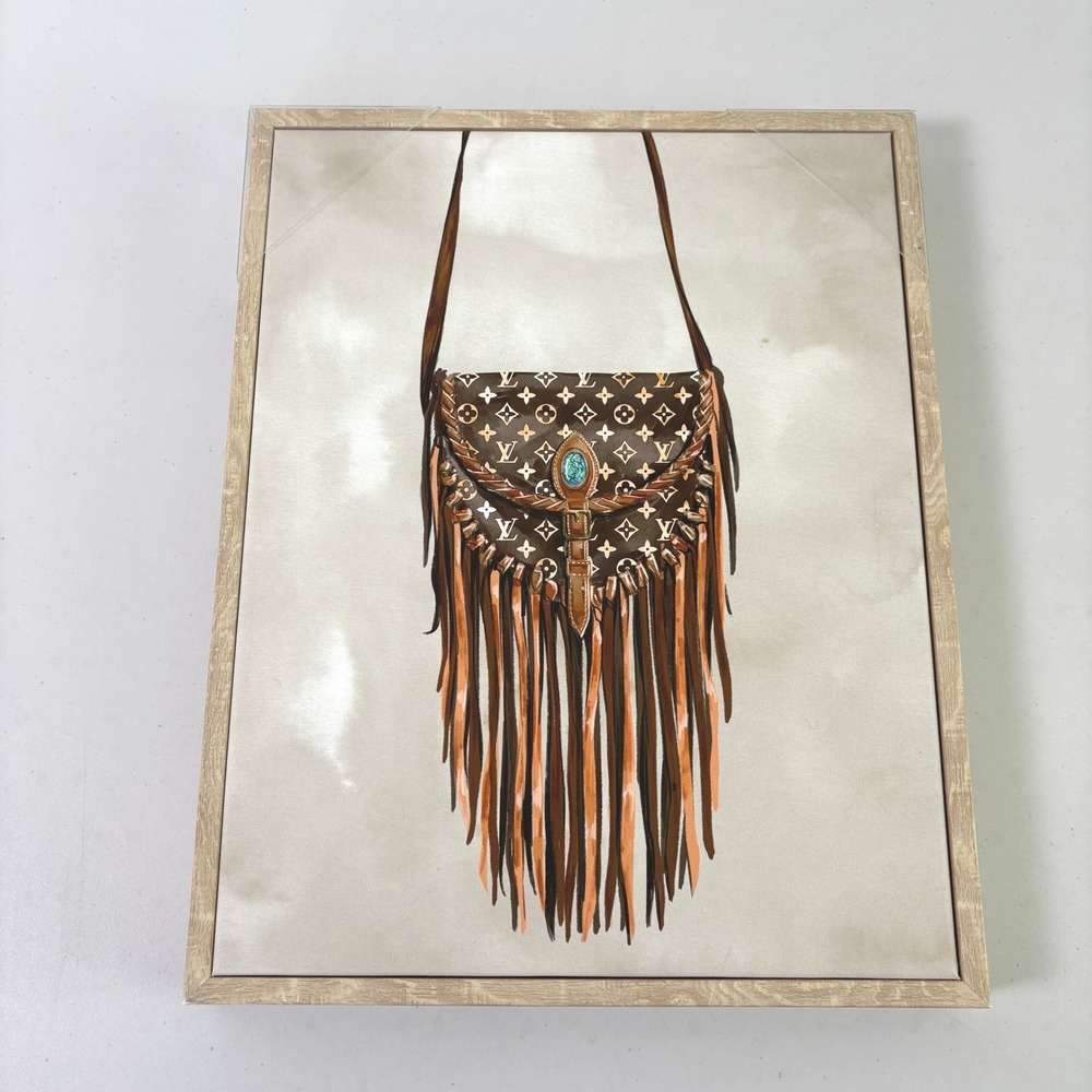 Framed Canvas Wall Art 14 x 11 Brown Boho Fringe Bag Decor Western Boho
